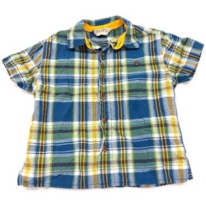 OLD NAVY BOYS VINTAGE BLUE AND GREEN PLAID SHORT SLEEVE BUTTON DOWN SIZE XS